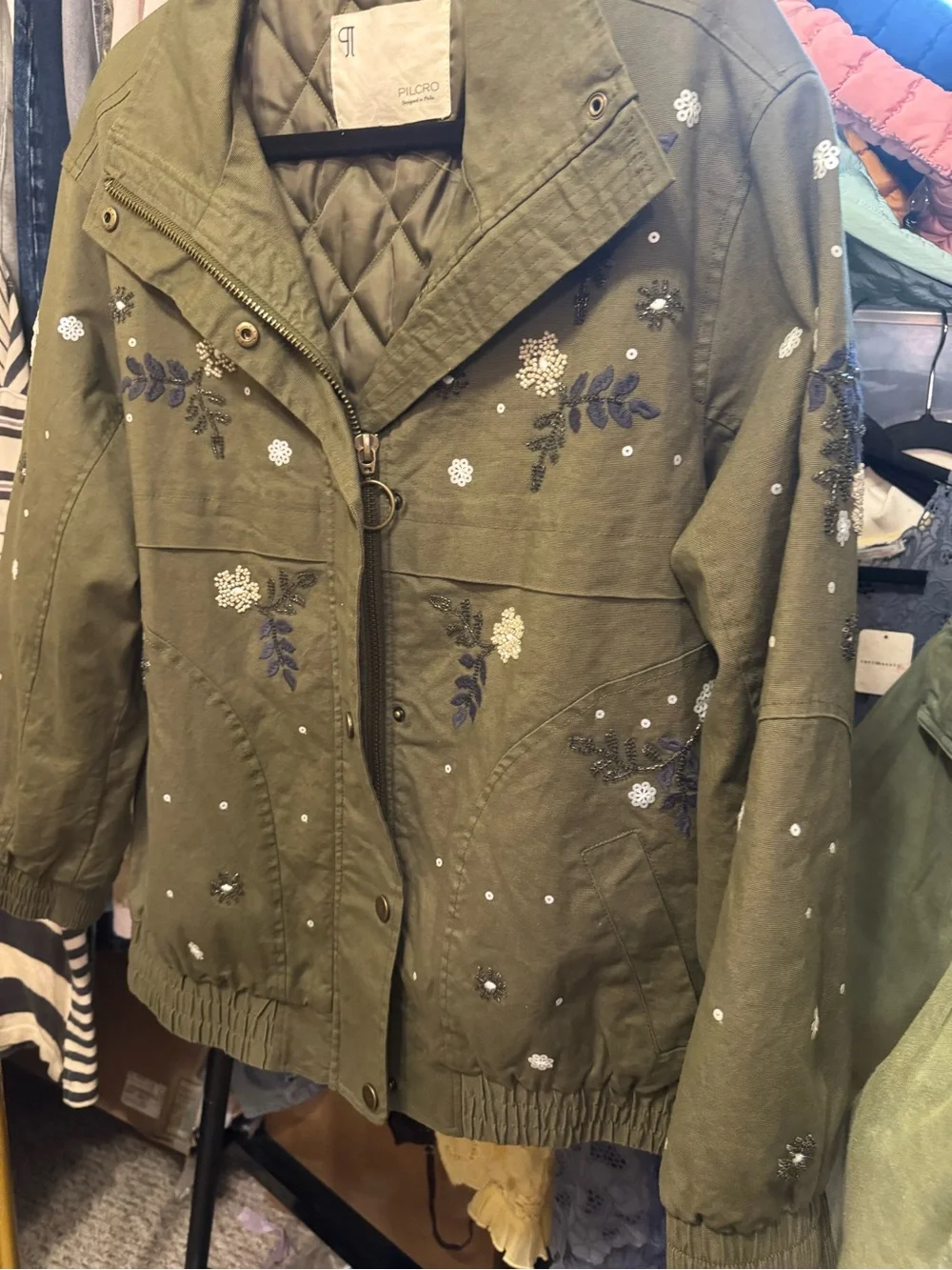 NWOT Anthropologie Pilcro Oversized Sequin Bomber Jacket - green - Small
